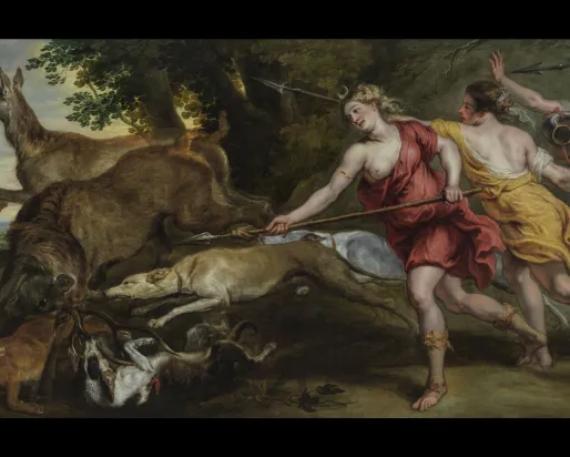 Diana and her Nymphs Hunting Diana, and three nymphs, hunt deer with spears and dogs.