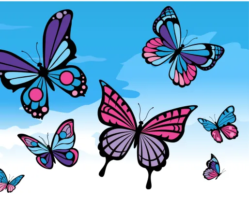 Summer Club at ROM Butterfly drawings in blue, pink and purple against a blue sky