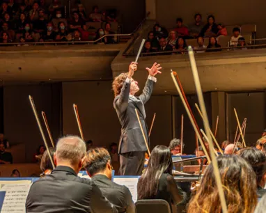 Toronto Symphony Orchestra From among the violins, we see TSO conductor Gustavo Gimeno leading the Toronto Symphony Orchestra