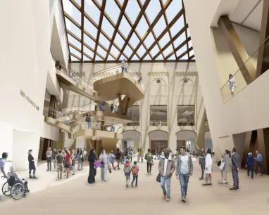 Interior rendering of a museum showcasing exhibits, lighting, and architectural details. Interior rendering of a museum showcasing exhibits, lighting, and architectural details.