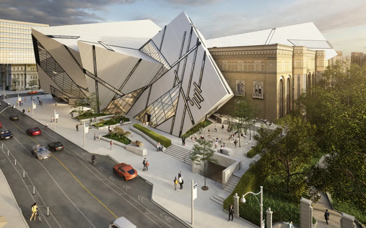 Rendering of the Helga and Mike Schmidt Performance Terrace and the Reed Family Plaza (c) Hariri Pontarini Architects.
 Aerial view of the ROM Performance Terrace.
