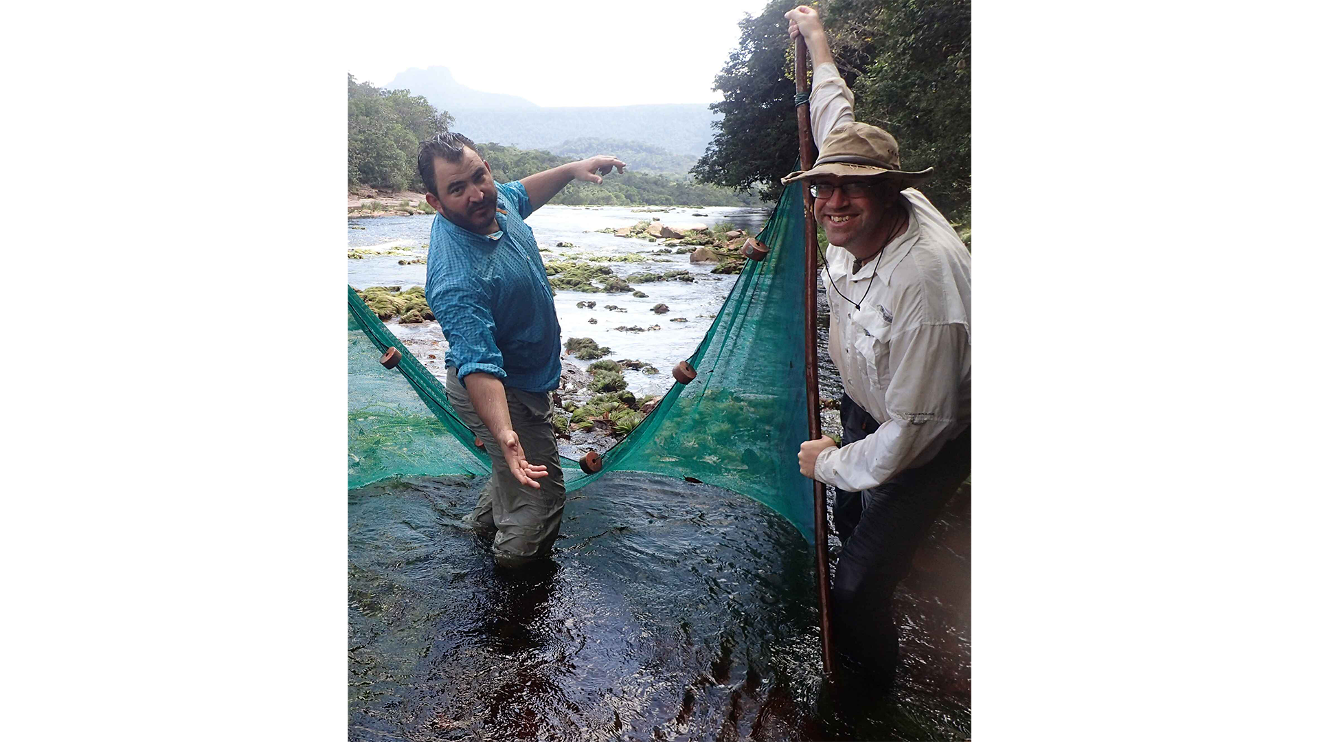 David Brooks (left) and Nathan Lujan in 2016, sampling above Andu Falls in the Ireng River, which defines Guyana’s western border with Brazil.