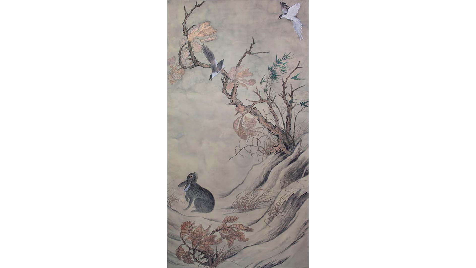 Hanging scroll showing hare and magpies