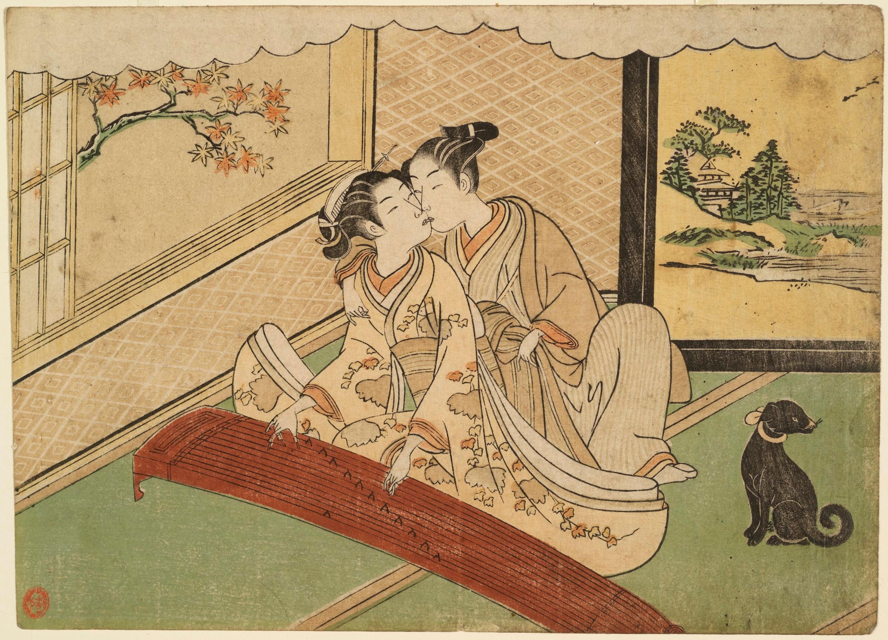 While playing koto a woman dressed in kimono turns her head to kiss a man crouched behind her.