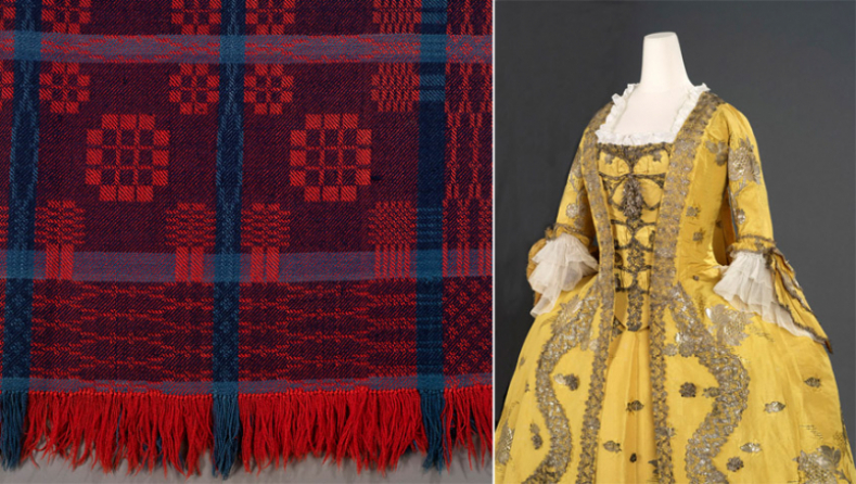 Left: 955.80.1.Coverlet Samuel Fry (Canadian weaver in Vineland ON, 1812 - 1881). Clinton Township, Lincoln County, Ontario, Canada. Twill diaper weave in coloured wool c. 1860. 211 x 199 cm. Gift of Mr. and Mrs. Harold B. Burnham. ROM2017_15641_1. Right: 973.399.A-C. Robe à la française Spitalfields (London), England. Silk extended tabby (gros de Tours) with liseré self-patterning and brocading in silver lamella and filé Georgian Rococo. 1750s. Gift of the Fashion Group Inc. of Toronto in memory of Gwen Co