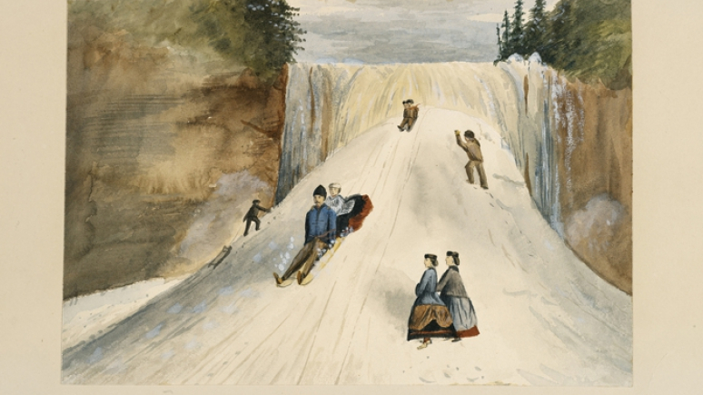 Painting of people sledding.