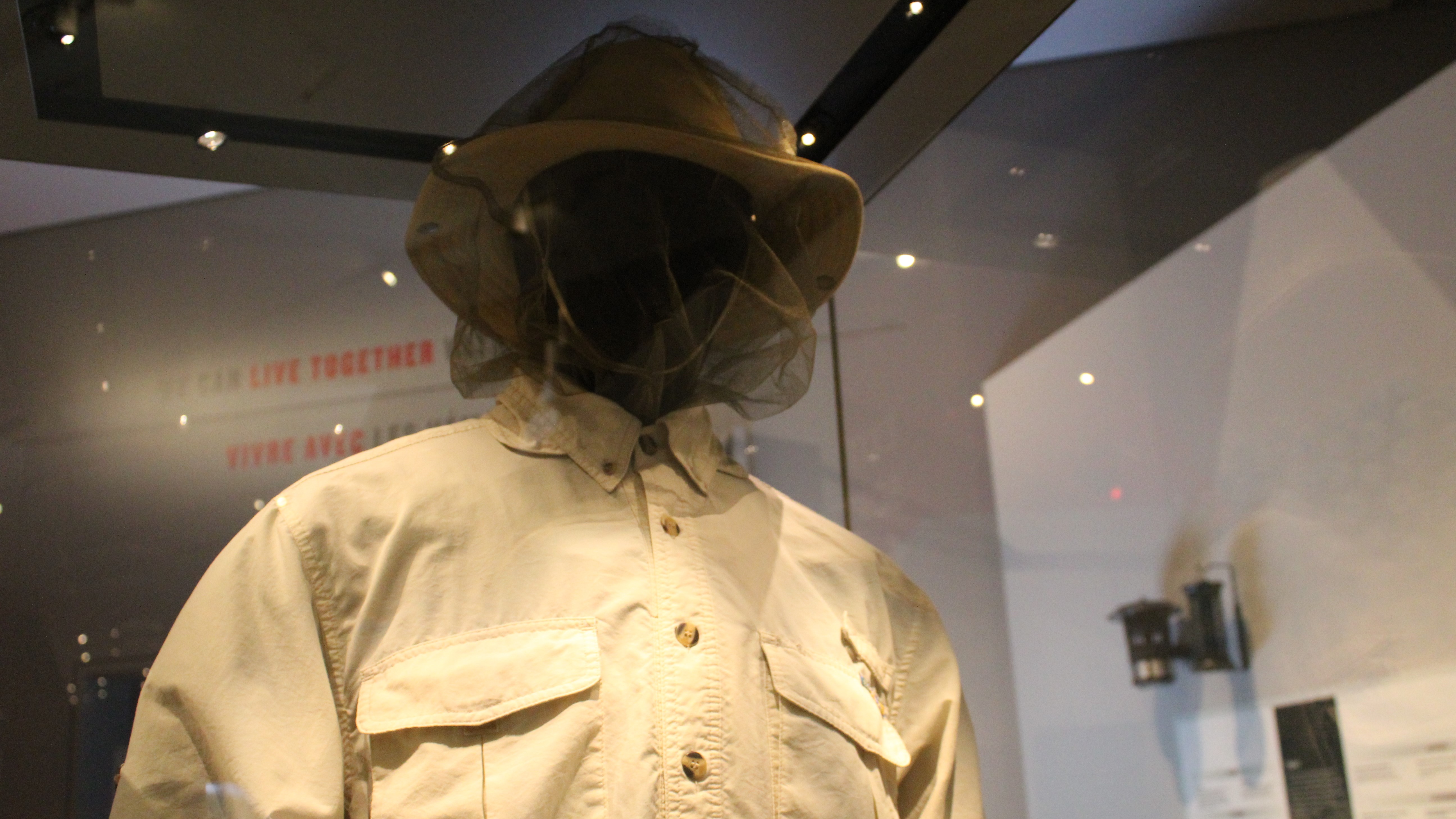 Mosquito-proof clothing consisting of a thick light-coloured shirt and a hat with mosquito netting covering the wearer’s face. 