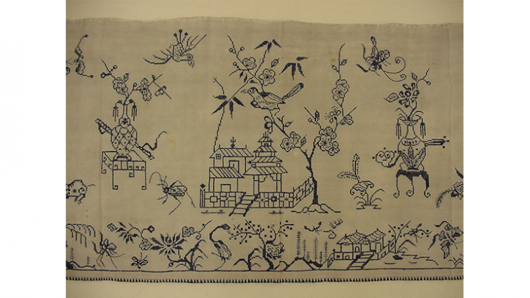 Bed valance. Sichuan, China. Qing Dynasty or Republic of China. 1890-1929. Embroidered cotton tabby. 994.28.58 Gift of Dr. and Mrs. J.H. Mullett.