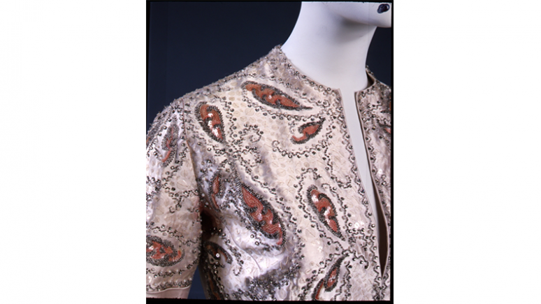 Jacket of formal evening dress: Saadi, 1947 Fall-Winter collection. Christian Dior. Made in Paris, France; used in Toronto. 1947. Silk satin, embroidered and beaded. 975.297.1.A Gift of Mrs. Kenneth Laidlaw Campbell.