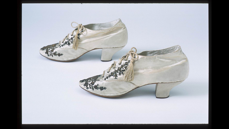 Woman's shoe. England. 1725-1750. Brocaded silk. 921.2.29. The Greig Collection of ladies' shoes, Gift of H. and C. Blachford Ltd.