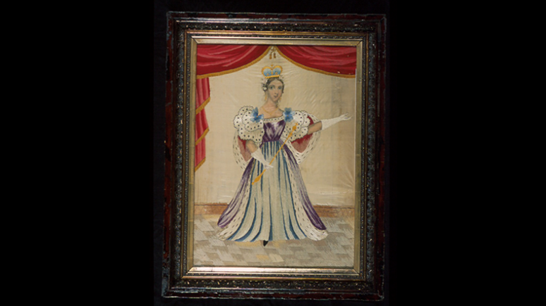 Portrait of Queen Victoria. Embroidered by Agnes Pringle Wallace, based on a painting by Mary Ann 'Mclean' Pringle. St. Thomas, Ontario, Canada. 1841. Satin embroidered in silk and wool. 963.14.2.A. Gift of Mr. Andrew H. Wallace.