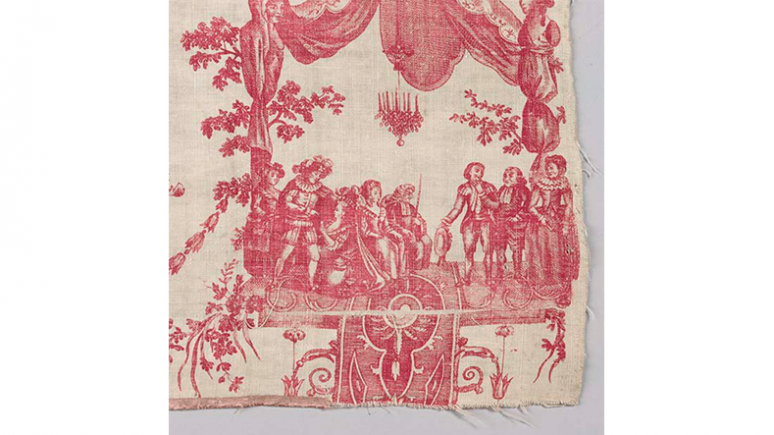 Textile titled "Le Mariage de Figaro". Oberkampf. Jouy-en-Josas, France. late 18th century. Copperplate printed cotton and linen. 934.4.486 Harry Wearne Collection, Gift of Mrs. Harry Wearne.