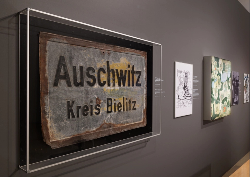 Photo of Auschwitz frame in exhibition reading Auschwitz Kreis Bielitz