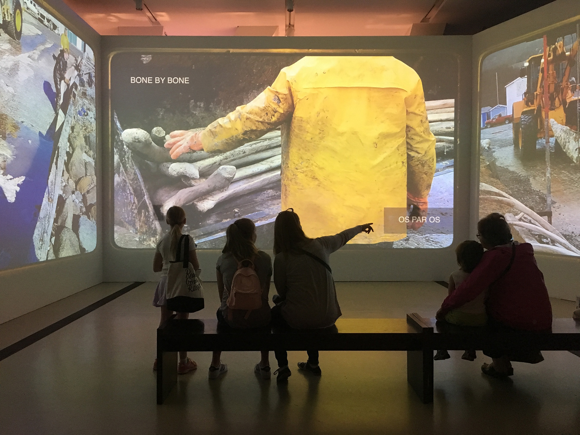 Visitors sitting on a bench watching a video projection of people excavating bones.