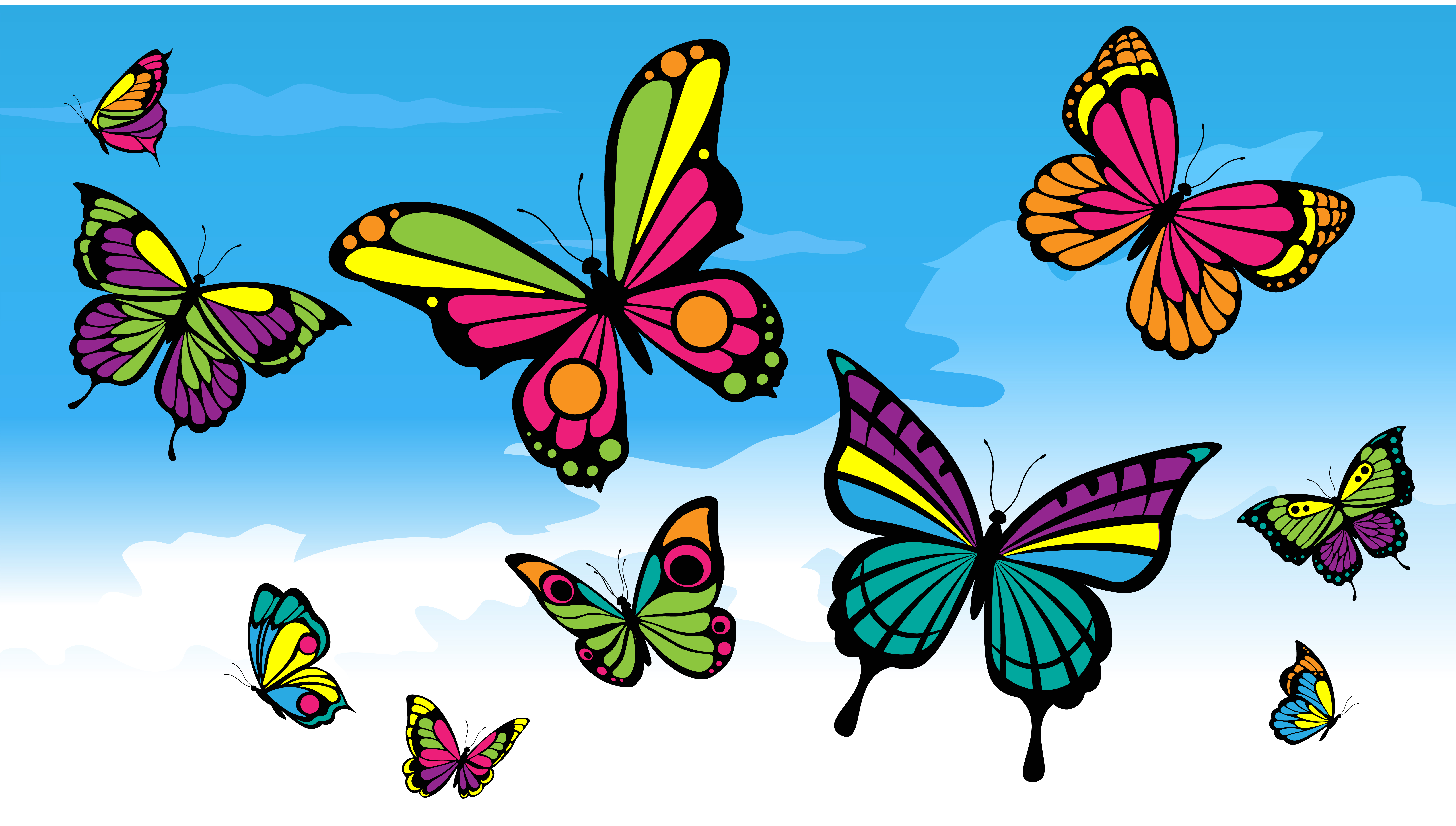 Graphic image of colourfull butterfly drawings on a blue sky background.