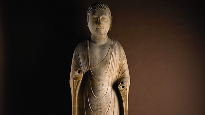 Matthews Family Court of Chinese Sculpture, Three-metre tall 6th century marble standing Buddha.