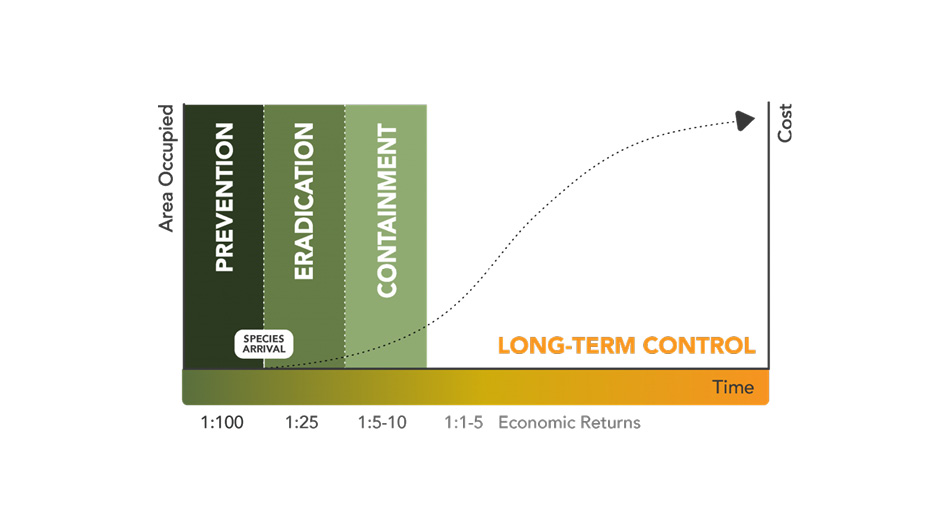 A chart showing costs of controlling invasive species at various stages.