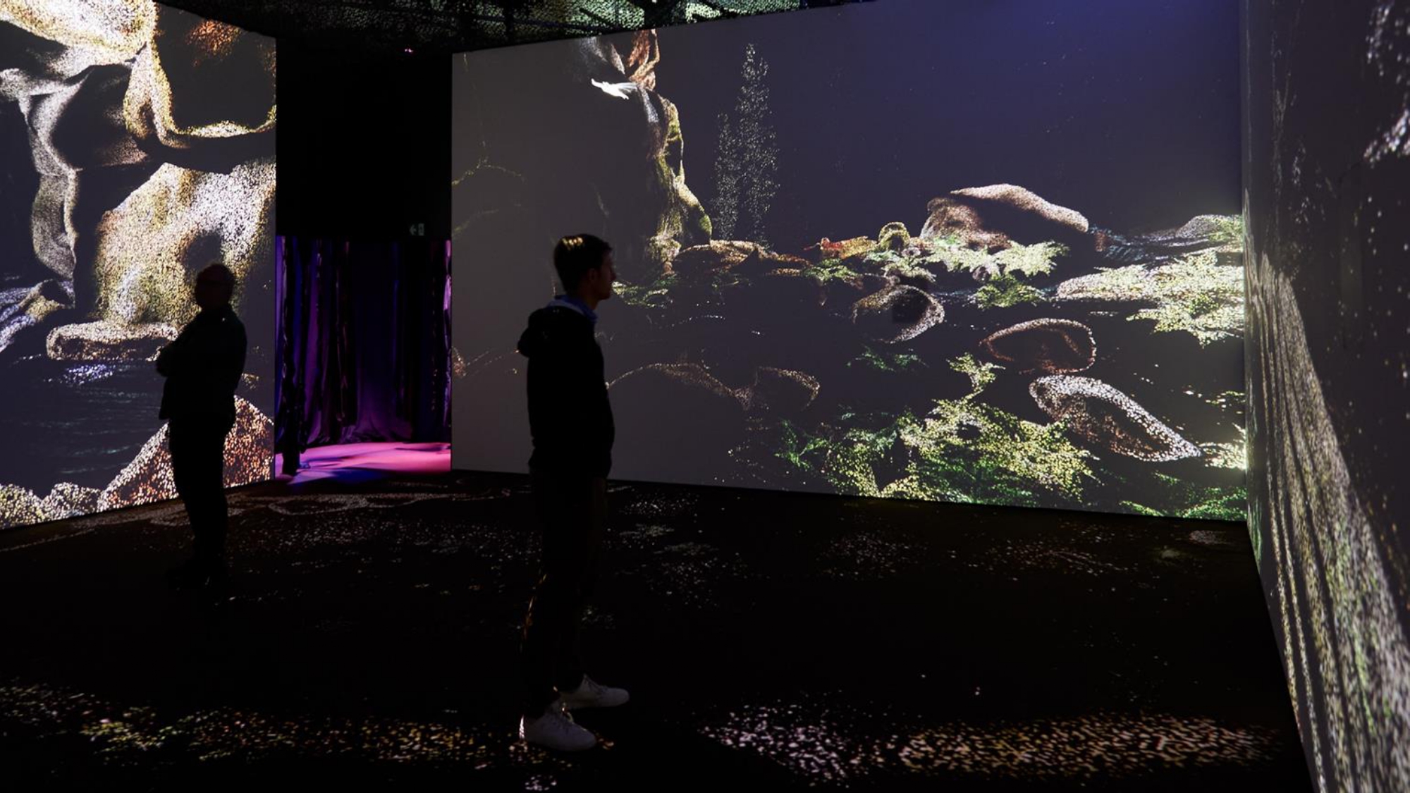 two people standing looking at a wall to ceiling screen
