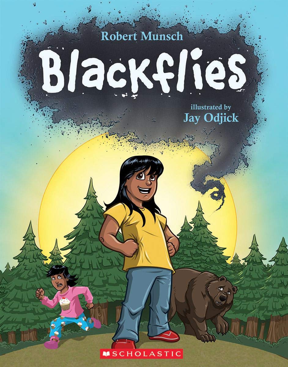 a young indigenous girl stands beneath a cloud of blackflies. Behind her are a frightened younger girl and a frightened bear.
