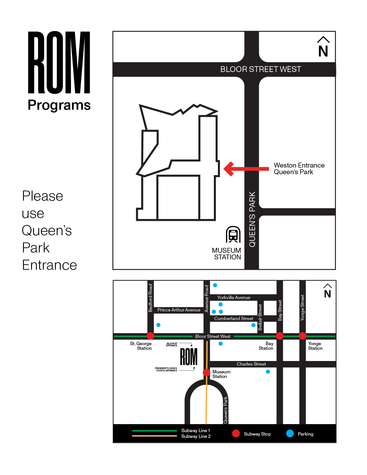 Carte ROM : Plan des rues et des bâtiments avec l'entrée de Queen's Park.