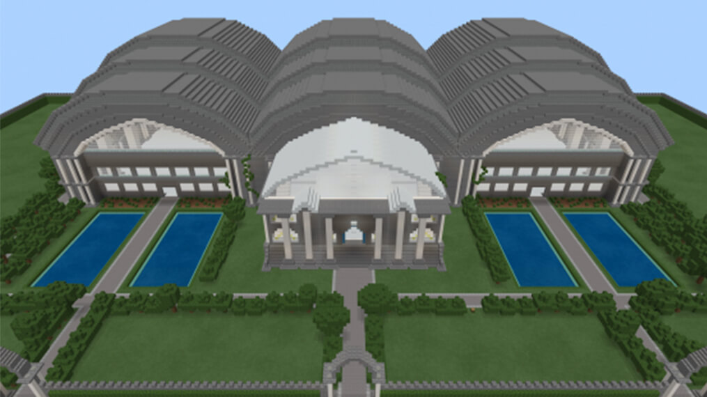 A large museum made of Minecraft blocks.
