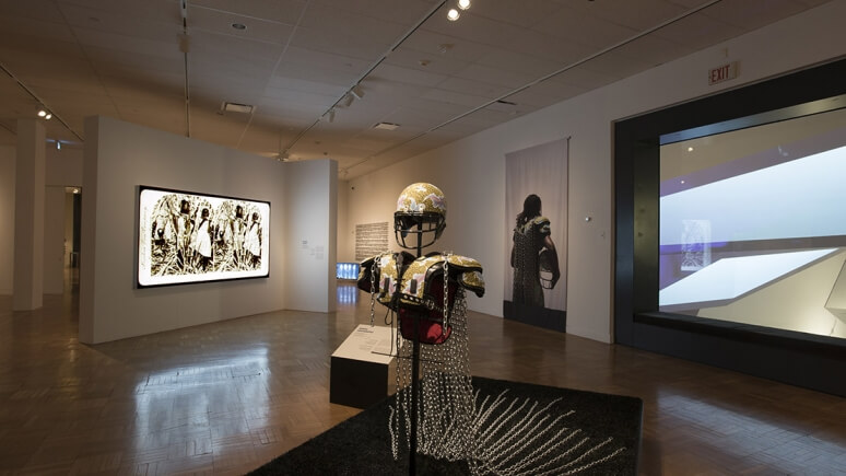 A view of the Here We Are Here: Black Canadian Contemporary Art exhibition at the ROM.