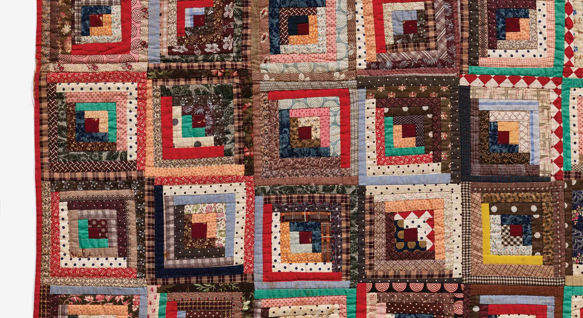 Log cabin quilt (detail), 1890s, Frederica Matilda Tompkins, East Florenceville, New Brunswick. Cotton and wool. 987.212.1. Gift of Mrs. Audrey L. Livingstone. Image @ ROM.