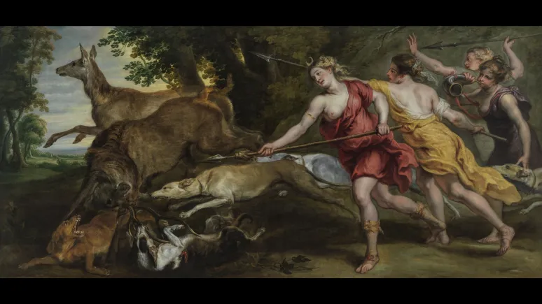 Diana and her Nymphs Hunting Diana, and three nymphs, hunt deer with spears and dogs.