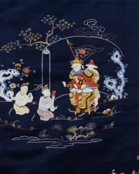Lady's unofficial robe with floral motifs and figures. China. Qing Dynasty. early 19th century. Satin embroidered in silk. 910.65.21.