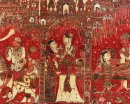 Close-up of a scene on a kalamkari hanging, of several groups of people standing close together.
