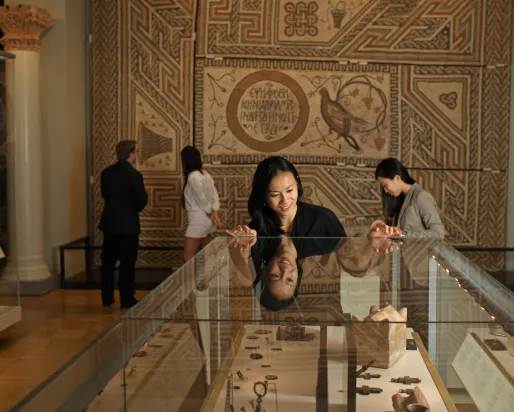 Visitor looking at artifacts in encased glass