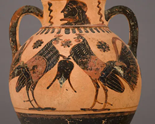 Attic black-figure amphora with pairs of cocks and lions.
