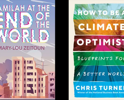 Photo of book covers for How to be a Climate Optimist and Jamilah at the End of the World
