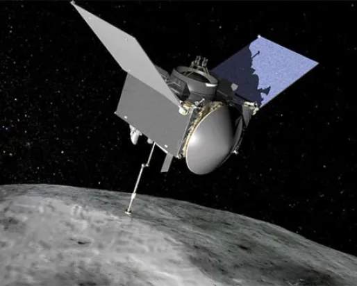 2016-09-30 - OSIRIS-REx extends its sampling arm as it moves in to make contact with the asteroid Bennu. (Credit: NASA/Goddard Space Flight Center)
