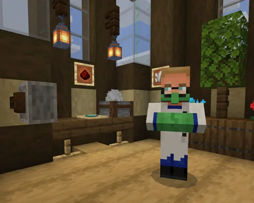 Capture d'écran Minecraft d'un scientifique devant des tables couvertes de roches et de minéraux.
