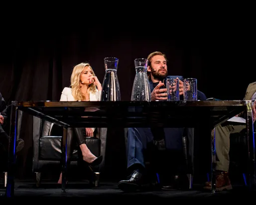 Neil Price with Sheila Hockin, Clive Standen, and Katheryn Winnick on stage.
