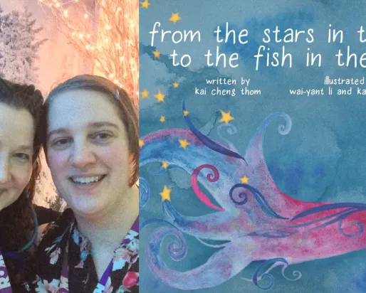 Sarah Elliott and Julie Tomé with From the Stars in the Sky to the Fish in the Sea book cover.
