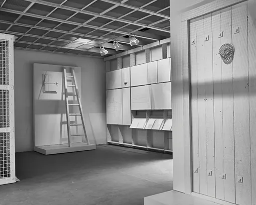 Interior perspective of The Evidence Room with models of Auschwitz gas column and gas-tight hatch, plaster casts and model of gas-tight door.