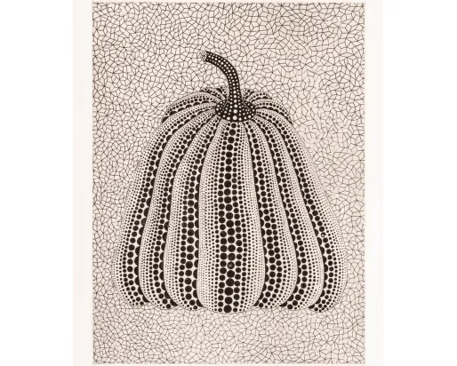 Black and white print showing a pumpkin.