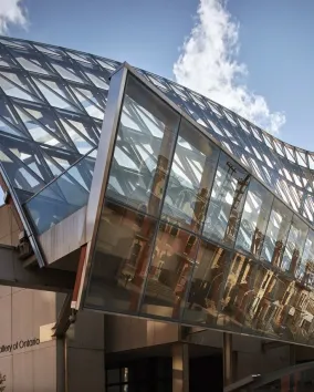 The sweeping glass facade of the front of the AGO.