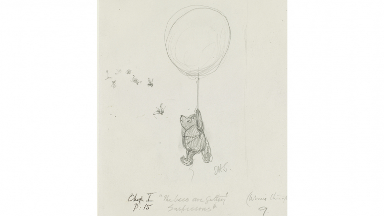 Illustration of Winnie-the-Pooh hanging from a balloon.