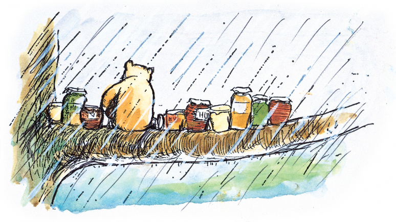 Illustration au trait, Winnie assis sur une branche avec des pots de miel