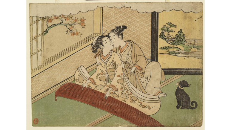 Woodblock print of two lovers kissing 