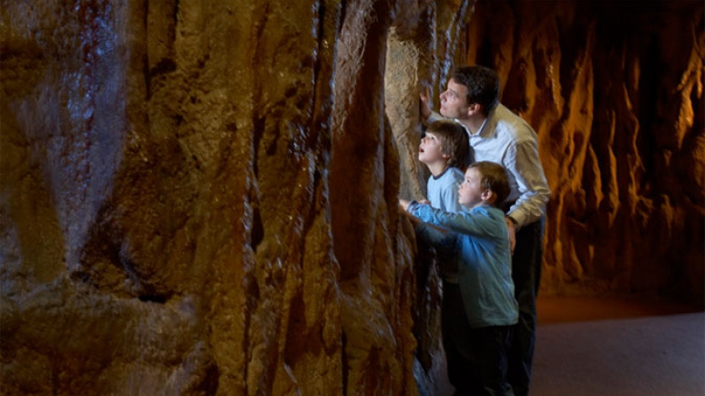 Man and two boys looking into the bat cave
