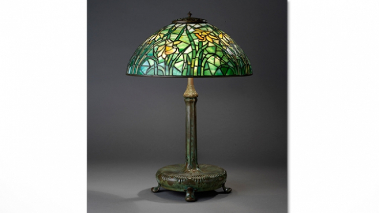 Table lamp with stain-glass shade.