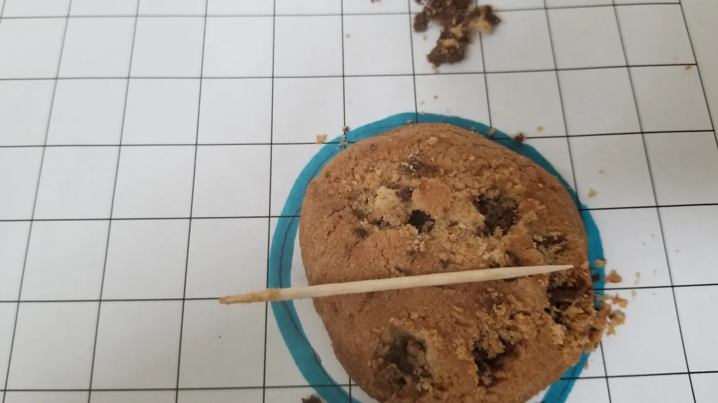 Biscuit aux pépites de chocolat sur papier quadrillé, quelques pépites de chocolat retirées ou "minées" du produit situé à côté.
