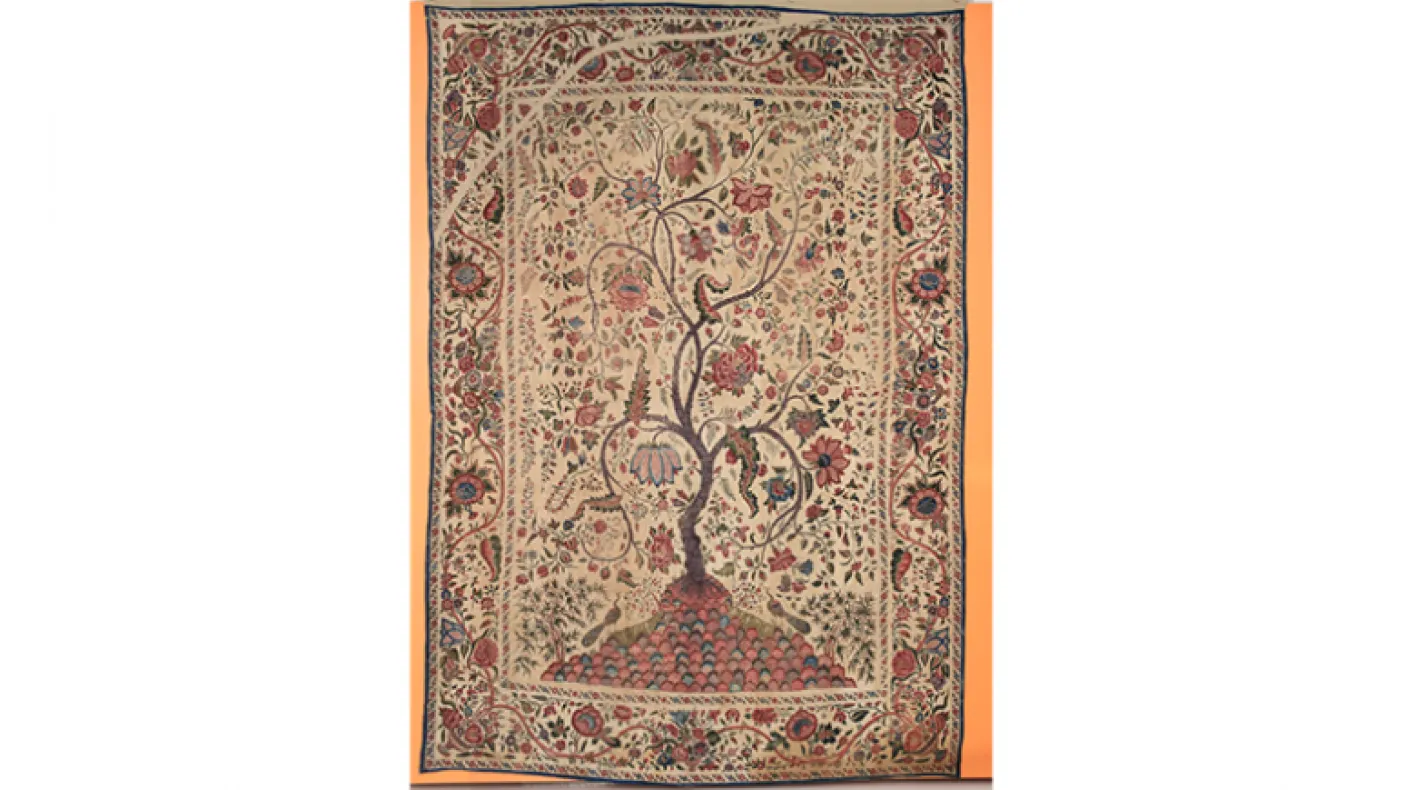 Chintz palampore (textile panel). Made on the Coromandel Coast (northern region) of India for the European market. first half of the 18th century. Painted and resist-dyed cotton tabby with gold leaf. 934.4.13 Harry Wearne Collection, Gift of Mrs. Harry Wearne. Chintz palampore (textile panel). Made on the Coromandel Coast (northern region) of India for the European market. first half of the 18th century. Painted and resist-dyed cotton tabby with gold leaf. 934.4.13 Harry Wearne Collection, Gift of Mrs. Harry Wearne.