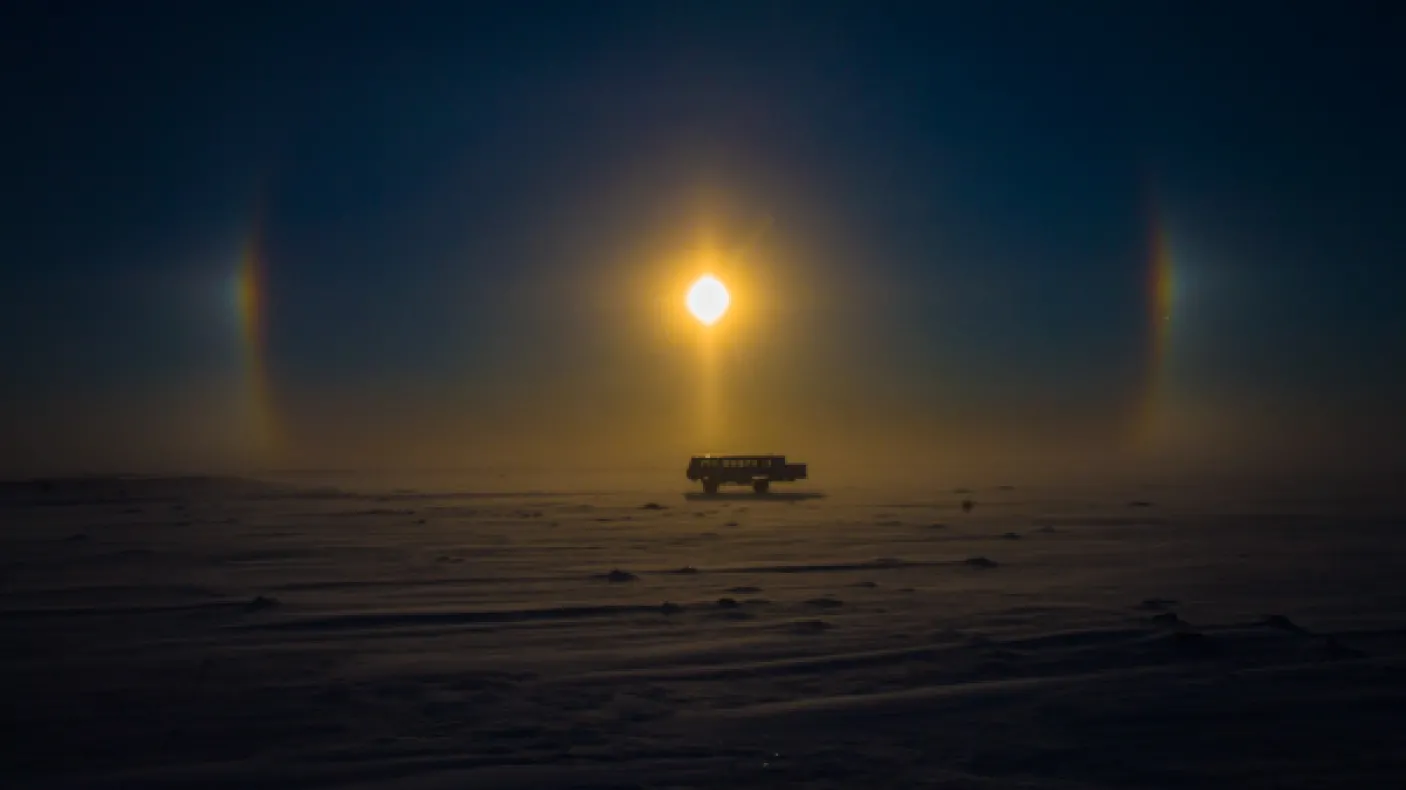“Tundra Buggy and Sun Dog” Don Gutoski’s snowy view on a photography adventure in Cape Churchill, Manitoba.
 “Tundra Buggy and Sun Dog” Don Gutoski’s snowy view on a photography adventure in Cape Churchill, Manitoba.