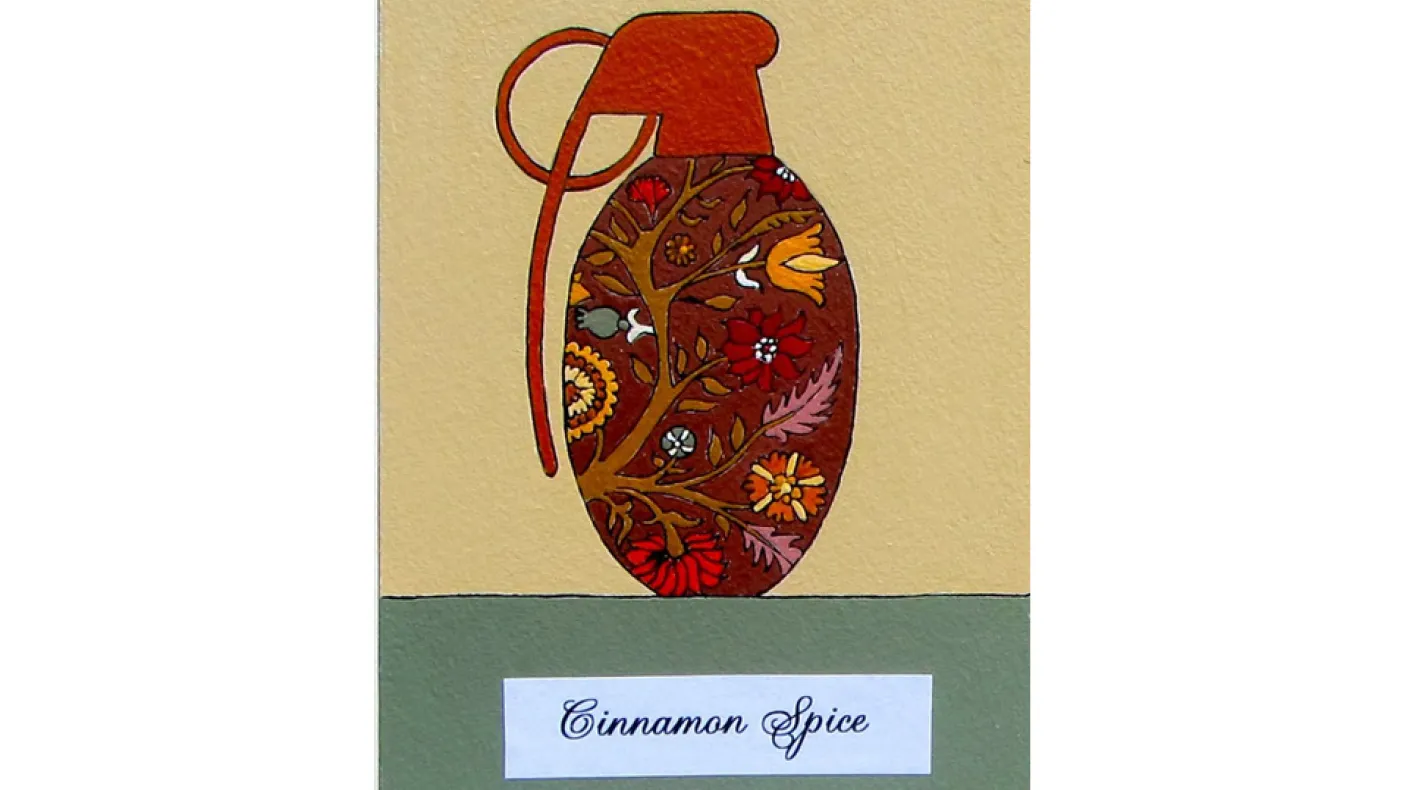 Cinnamon Spice Frances Ferdinands Ontario, Canada 2015 38 x 29 cm ROM2015.67.2
 Illustration of a jug container with a red floral pattern.