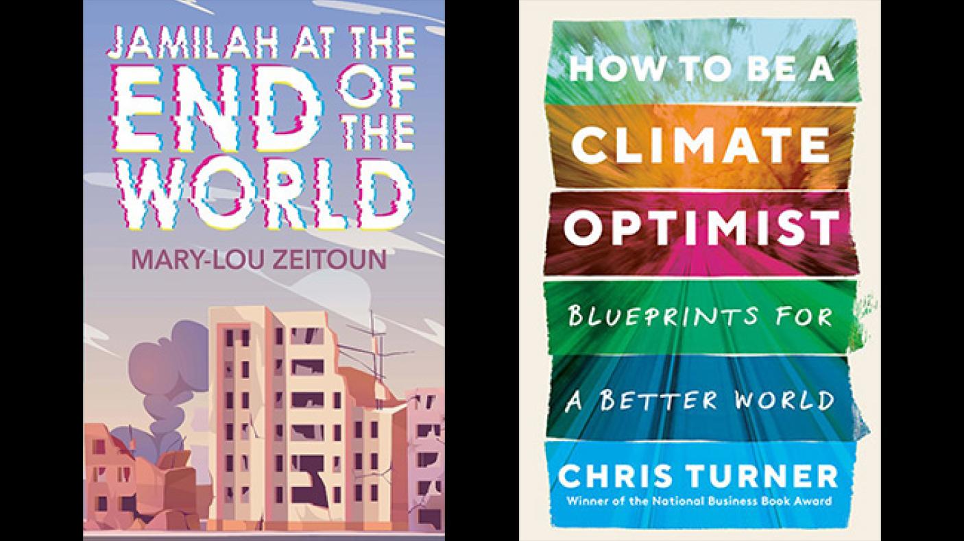 Photo of book covers for How to be a Climate Optimist and Jamilah at the End of the World
